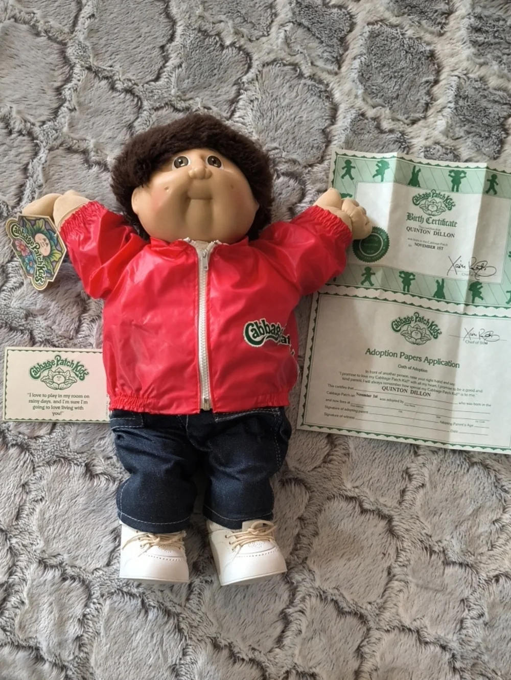 Cabbage Patch Doll 1982 in Vintage Red Jacket / Jeans Boy - Has Tags And Papers